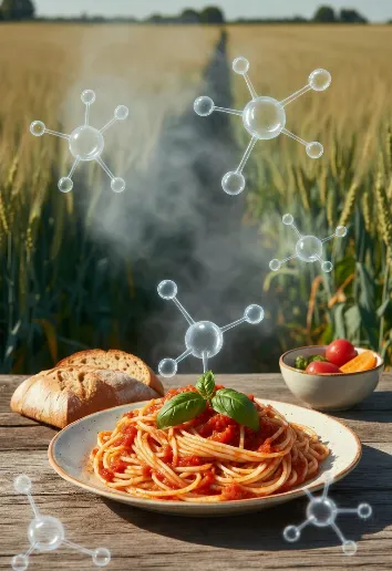 Un piatto fumante di spaghetti al pomodoro con basilico fresco su un tavolo di legno rustico, immerso in un campo di grano dorato. Molecole trasparenti fluttuano nell’aria mentre sale il vapore dal piatto, accanto a pane appena sfornato e pomodorini maturi.