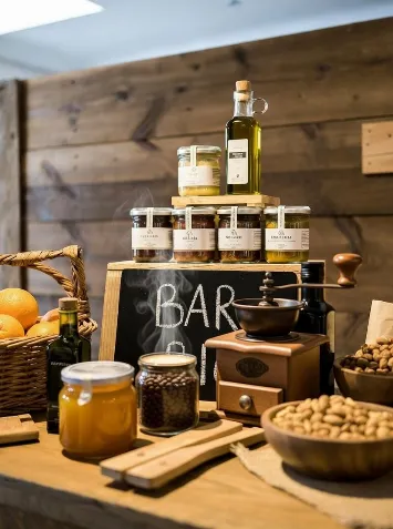 Composizione generale: Un bancone o angolo dedicato del bar biologico, stile rustico-naturale con legno grezzo e pareti in legno chiaro. Atmosfera calda e accogliente, illuminazione soffusa da faretti LED e luce naturale. Elemento centrale: Un classico macinino da caffè manuale in legno scuro con maniglia, posizionato su un piccolo tavolino di legno accanto a un cartello nero con scritta a gesso bianco "BAR BIO". Dal macinino esce un leggero fumo/vapore (effetto artistico per suggerire caffè appena macinato).