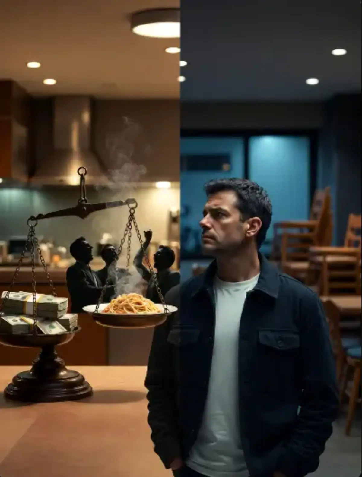 Uomo pensieroso davanti a un ristorante vuoto con bilancia simbolica tra costi elevati e clienti felici, immagine che rappresenta il dilemma se aprire un ristorante oggi in Italia conviene davvero.