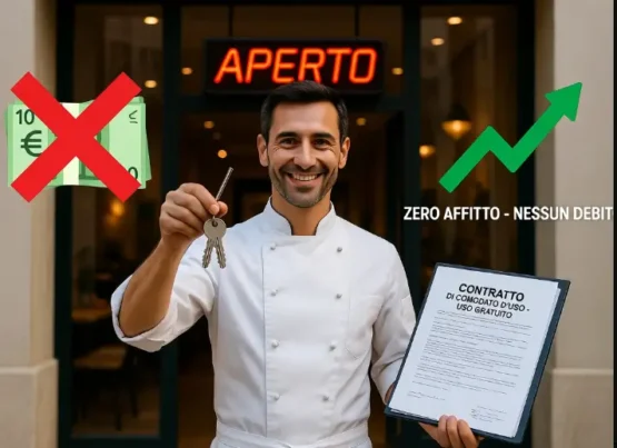 Giovane imprenditore italiano che apre il suo ristorante grazie al comodato d’uso: tiene in mano le chiavi del locale e il contratto gratuito, con simboli di risparmio sui costi di affitto e zero indebitamento.