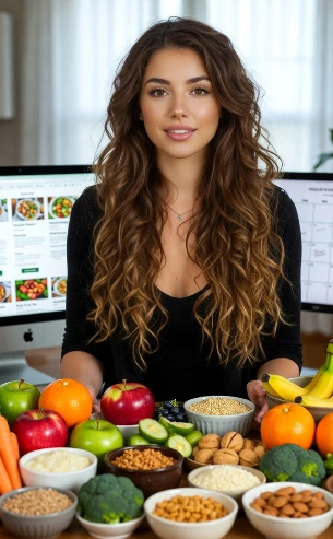La foto ritrae una giovane donna professionista della nutrizione, in un ambiente luminoso e moderno che richiama lo studio di un blog di alimentazione consapevole del 2026.