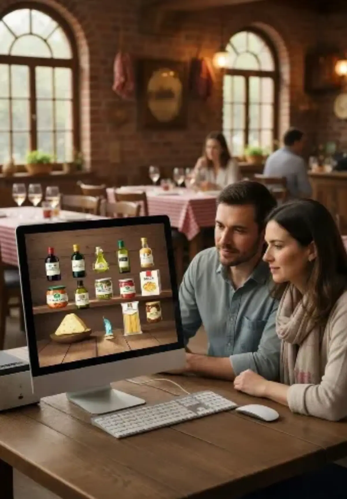 Coppia giovane e rilassata in un ristorante tradizionale con mattoni a vista e tovaglie a quadretti, concentrata su un grande schermo davanti a loro. Sul monitor appaiono bottiglie di vino, olio, pasta artigianale e formaggi disposti come vetrina online, con dettagli di etichette e prezzi. L'ambiente caldo, con luci soffuse e dettagli come basilico e pomodori secchi sullo sfondo, unisce l'autenticità di un'osteria italiana al marketing digitale in azione.