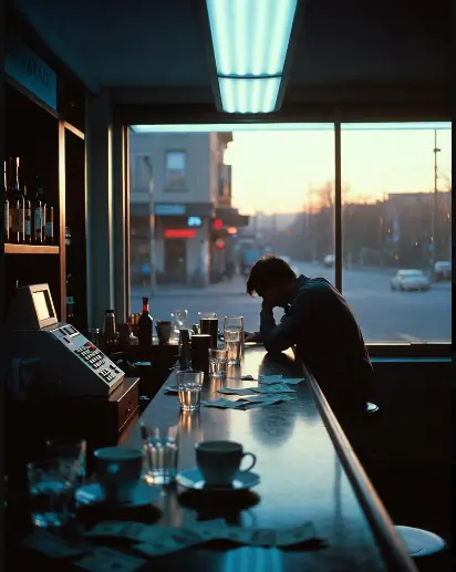 Bar vuoto al tramonto con uomo seduto al bancone che si tiene la testa tra le mani, banconote sparse sul bancone e atmosfera di delusione e stanchezza – Immagine per articolo sull’apertura di un bar