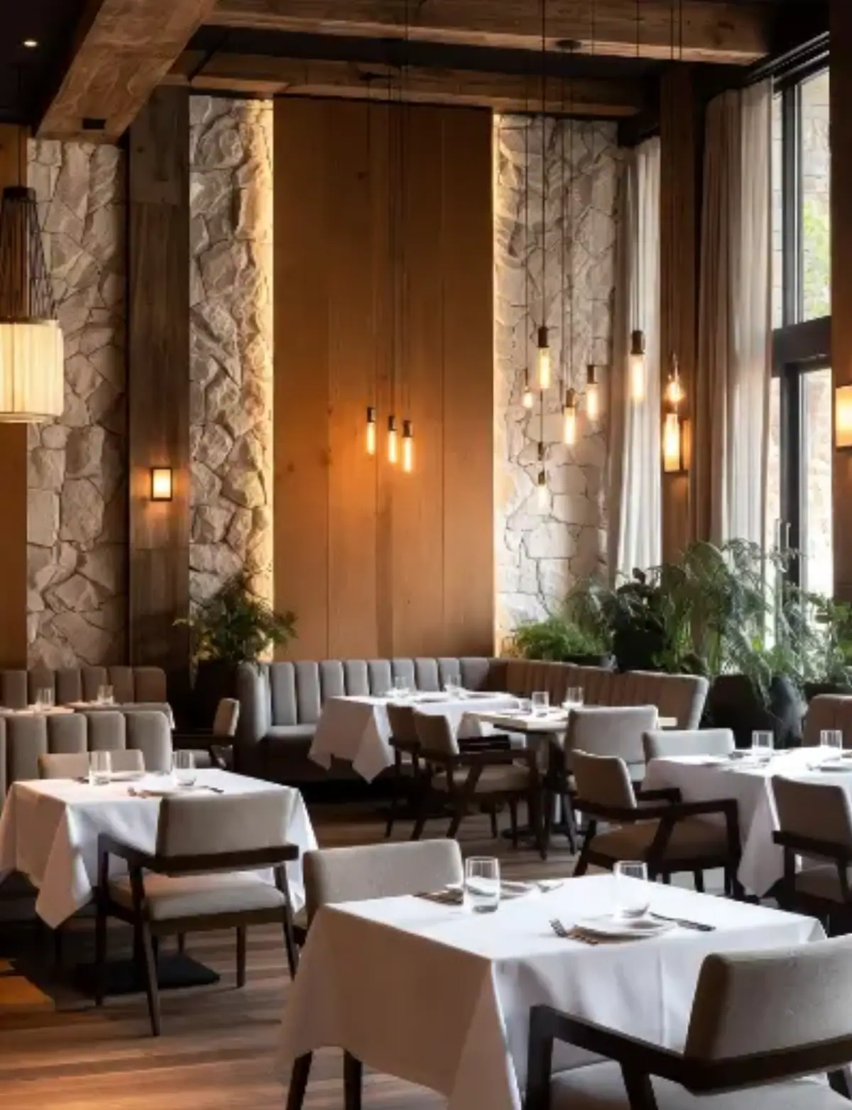 Interno di un ristorante elegante con interior design moderno e accogliente, applicazione delle regole di interior design nella ristorazione