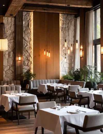 Interno di un ristorante elegante con interior design moderno e accogliente, applicazione delle regole di interior design nella ristorazione