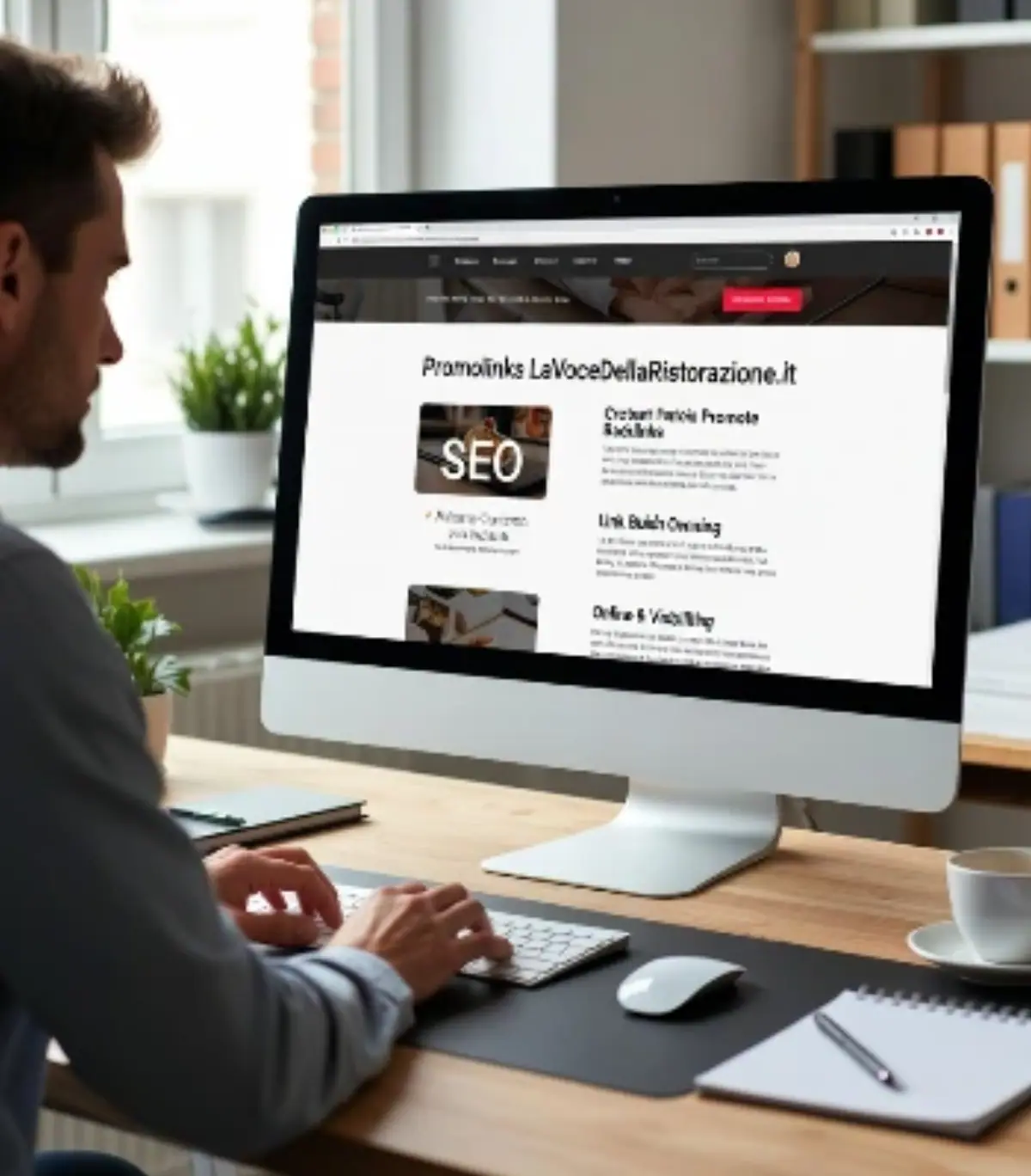 L'immagine ritrae una persona vista di profilo, seduta a una scrivania di legno chiaro, mentre digita su una tastiera di un iMac. Lo schermo del computer visualizza un sito web intitolato "Promolinks LaVoceDellaRistorazione.it", con sezioni come "Crea un Portfolio Promote Backlinks", "SEO", "Link Building Omming", "Online & Visibilità" e immagini correlate a cibo e marketing. Sul tavolo ci sono una tazza di caffè, un notebook, una penna e una pianta verde, in un ambiente luminoso con finestra.