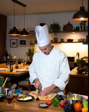 Uno chef professionista, uomo sulla quarantina, indossa il classico cappello alto bianco e la giacca bianca da cucina con bottoni neri. È concentrato mentre affetta con precisione verdure fresche (peperoni rossi, carote, uva nera, limoni) su un grande tagliere di legno al centro di un’isola cucina moderna. Intorno a lui, ci sono ciotole con ingredienti colorati, una padella nera, bottiglie di olio e vino, erbe aromatiche in vasi. La cucina è calda e accogliente: luci pendenti nere con lampadine a vista illuminano il piano di lavoro, mensole in legno con piante verdi e stoviglie. Sullo sfondo, leggermente sfocato, si intravede la sala da pranzo con una tavola apparecchiata elegantemente