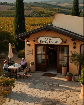 Una piccola struttura accogliente stile agriturismo/hotel con facciata beige, tetto spiovente scuro e insegna luminosa -Hotel Family Friendly- sopra l’ingresso con porte in legno e finestre illuminate. Davanti un patio in pietra con tavolo esterno dove una coppia anziana (nonni) sorseggia acqua, circondati da vasi di fiori, ulivi e cipressi alti. Sullo sfondo colline toscane con vigneti dorati al tramonto, campi ondulati e montagne lontane. L’atmosfera è calda, serena e familiare, con luce dorata del sole basso che crea un senso di relax e vacanza in campagna.