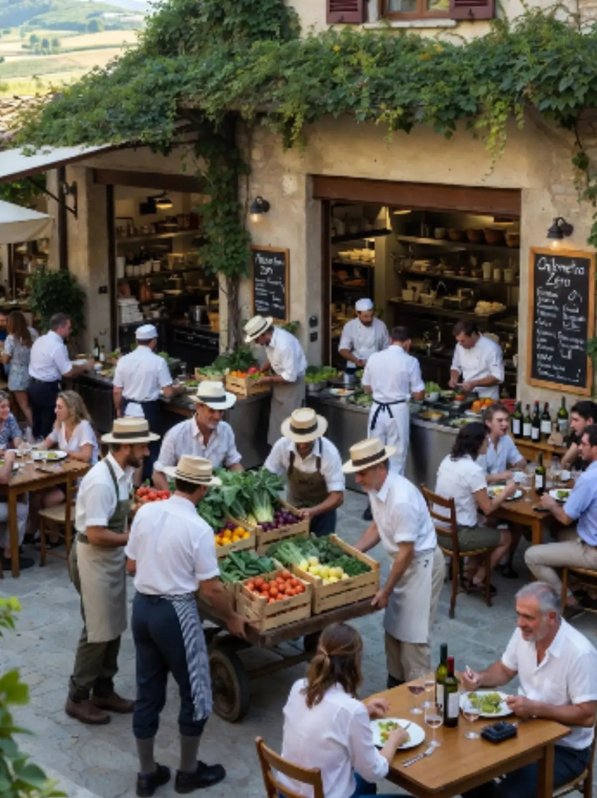 Un ristorante accogliente con insegna in legno Ristorante La Filiera Corta. L’ambiente è semi-aperto, con vista panoramica su dolci colline calabresi, cielo azzurro e campi verdi. In primo piano contadini (uomini e donne con grembiuli e cappelli) portano grandi cesti di vimini pieni di pomodori, zucchine, insalate, broccoli e frutta. I cuochi locali, dietro un bancone aperto, stanno già preparando piatti con quegli ingredienti. I clienti seduti ai tavoli gustano portate colorate, in un’atmosfera rilassata e familiare. Luci calde pendenti, piante e scaffali con bottiglie di olio e vino completano la scena.