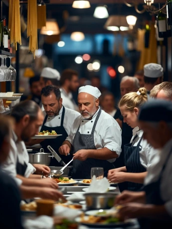 cuochi maschi in una cucina di un ristorante italiano, con fornelli accesi, piatti in preparazione con cuochi e camerieri che aiutano. Atmosfera intensa "dietro le quinte" con stress e movimento costante