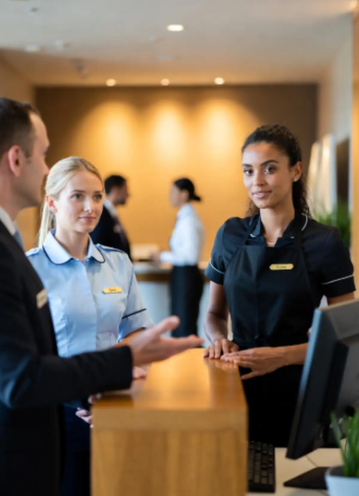 manager alberghiero professioniste in divisa sorridono e interagiscono con un direttore o cliente alla reception di un hotel elegante. Una in uniforme azzurra chiara, l’altra in nero con grembiule, trasmettono accoglienza, preparazione e motivazione
