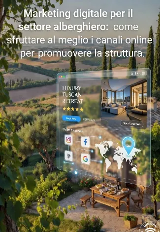 Un paesaggio rurale toscano sereno sotto un cielo azzurro con nuvole soffici: colline ondulate coperte di uliveti argentei, vigneti verdi e campi arati in tonalità ocra, con cipressi slanciati che punteggiano l'orizzonte. In primo piano, un casale in pietra con tetto in terracotta e pergolato di vite, accanto a un sentiero sterrato che si perde tra i campi. Sovrapposto in modo semi-trasparente, un'interfaccia app di prenotazione moderna: un profilo hotel con foto di una camera luminosa, rating a 5 stelle, bottone "Book Now" e prezzo (€299/notte), più icone di canali online (Instagram, Google, mappa con pin). Sullo sfondo destro, un telefono mostra una notifica.