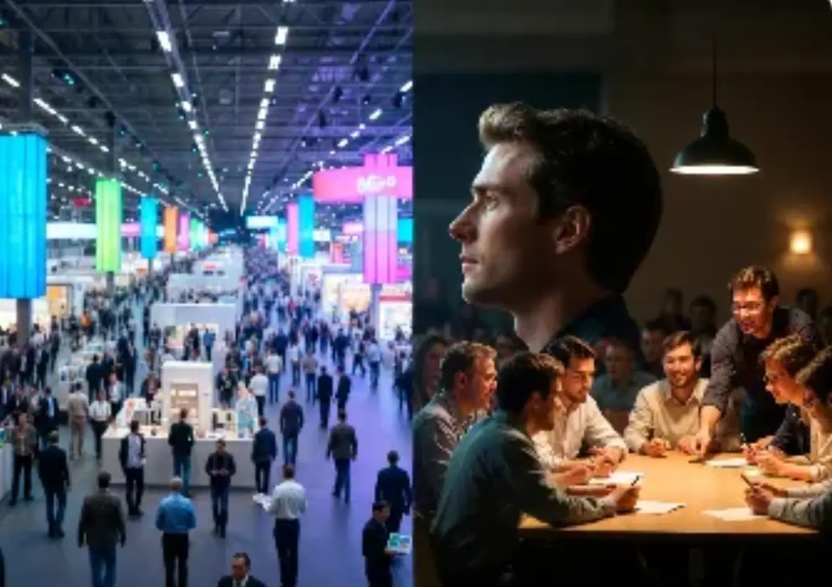 confronto tra fiere e workshop. Immagine divisa in due parti nette con contrasto forte: a sinistra una grande fiera affollata con padiglioni enormi, stand illuminati a led, migliaia di persone che camminano tra corridoi larghi, espositori che mostrano prodotti, brochure in mano, atmosfera energica e caotica con luci colorate e movimento. A destra un workshop intimo e concentrato: piccolo gruppo di 10 persone sedute intorno a un tavolo di legno in una sala luminosa e accogliente, mani che lavorano su progetti pratici, materiali e strumenti sul tavolo, esperto che guida con calma, sorrisi e attenzione totale.