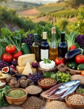 Una composizione ricca e colorata ambientata in un paesaggio collinare toscano al tramonto (campagne con vigneti in lontananza, luce dorata calda). Al centro un grande tavolo di legno rustico coperto da un'abbondanza di prodotti tipici italiani che simboleggiano la varietà biologica: Verdure fresche: pomodori cuore di bue rossi, melanzane viola lunghe, zucchine verdi e gialle, peperoni rossi e gialli, carciofi, finocchi, rucola e cicoria. Frutta: grappoli d'uva rossa e bianca (sangiovese e trebbiano), fichi maturi viola e verdi, mele renette, pere cosce, arance siciliane, cachi. Formaggi: parmigiano reggiano in pezzi, pecorino toscano stagionato, gorgonzola, ricotta fresca, caciotta. Legumi e cereali: ciotole di lenticchie di Castelluccio, ceci di Onano, farro perlato, fagioli borlotti, ceci neri della Murgia. Altri: bottiglie di olio extravergine d'oliva toscano, aceto balsamico tradizionale, miele millefiori, noci, castagne, tartufi neri interi, acciughe sotto sale, sarde fresche, bottiglia di Chianti Classico e una di Vin Santo. Dettagli: erbe aromatiche (basilico, rosmarino, salvia, origano), pane casereccio, olive taggiasche e verdi, funghi porcini freschi.