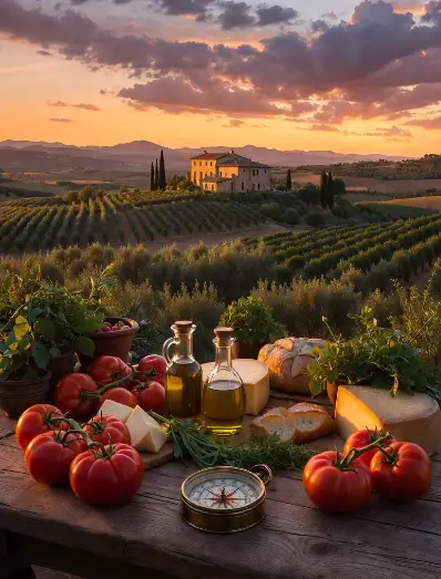 Il concetto di Km zero: prodotti freschi a km zero su tavolo rustico al tramonto in campagna italiana – La Voce della Ristorazione