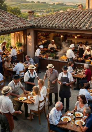 scena luminosa e contemporanea in una terrazza rustica ma elegante di un ristorante italiano immerso nelle colline verdi (stile Toscana o Umbria). In primo piano, due uomini (uno giovane cuoco con cappello bianco e grembiule, uno contadino anziano con cappello e grembiule blu) spingono un carrello di legno spostato lateralmente, carico di cassette con verdure freschissime: pomodori rossi, zucchine verdi, melanzane viola, broccoli, peperoni gialli, cipolle e insalate.