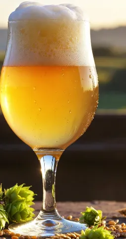 Un bicchiere tulipano alto e raffinato pieno di birra artigianale italiana dal colore dorato brillante con riflessi ambrati. La schiuma è alta, cremosa e bianca, con bollicine fini che formano una corona perfetta e leggermente traboccante. Gocce di condensa scivolano sul vetro freddo. Sul tavolo di legno scuro rustico ci sono coni di luppolo fresco e chicchi d’orzo dorati. Luce calda del tramonto che entra da una finestra laterale, sfondo sfocato di colline italiane. Atmosfera calda, professionale e molto appetitosa.