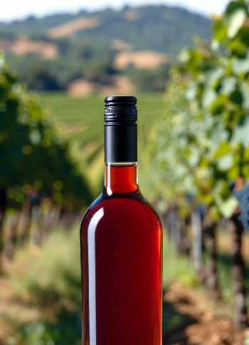 Bottiglia di vino rosato bio in piedi su erba secca in primo piano. Etichetta completamente vuota (rosso opaco, senza alcun testo o logo) Sfondo: filari di vigna che si perdono in lontananza