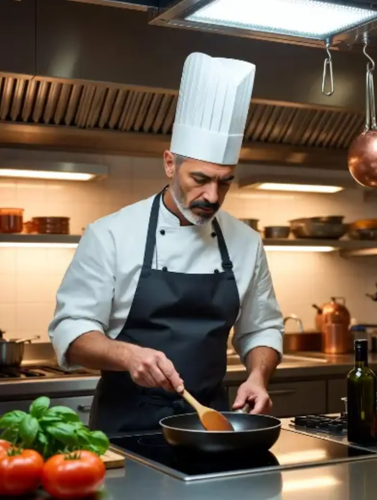 Un cuoco italiano maturo con cappello da chef e grembiule nero, concentrato mentre mescola con un mestolo di legno in una padella su un piano a induzione. Si trova in una cucina ristorante moderna e professionale, illuminata da luci bianche, con pomodori freschi e basilico sul bancone di acciaio inox. Atmosfera calda e professionale.