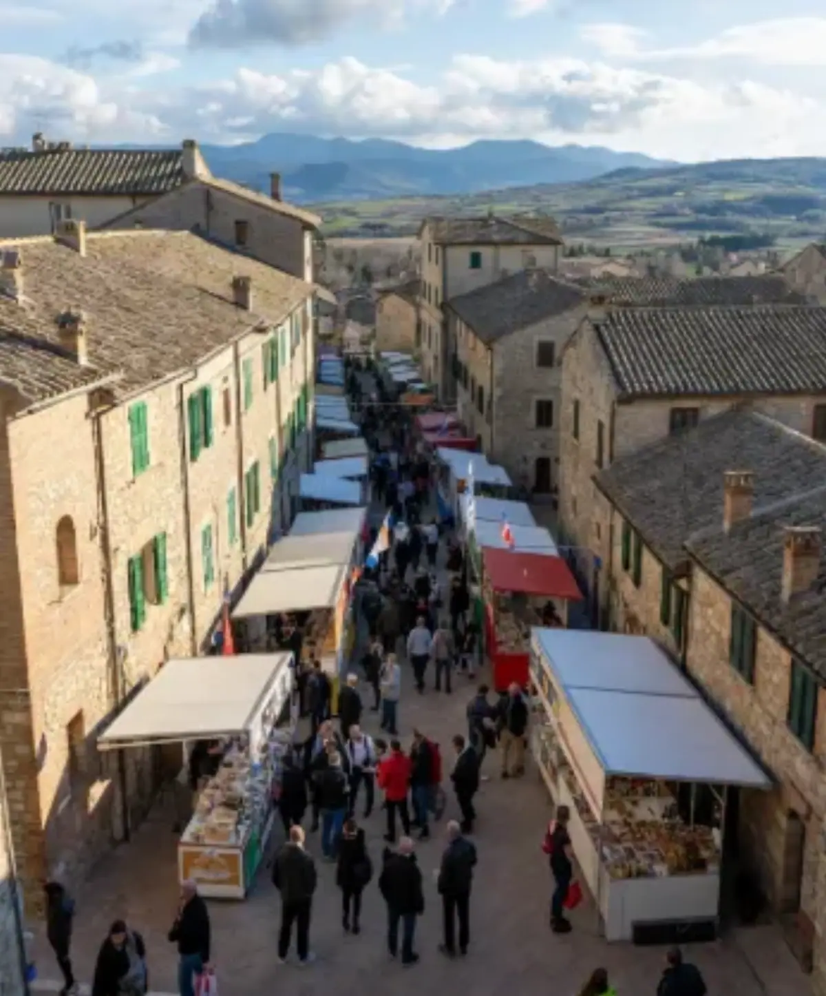 Prospettiva aerea dall’alto (come se scattata da un balcone o da una torre del borgo) su una via principale lunga e stretta che scende tra case in pietra con tetti di coppi. La strada è trasformata in una fiera: stand con teloni bianchi, rossi e verdi si susseguono su entrambi i lati, pieni di gente che cammina, assaggia e compra. Si riconoscono banchi di formaggi pecorini, prosciutti e salami, olive in salamoia, taralli, dolci tradizionali, spezie, erbe aromatiche e bottiglie di vino con cartelli scritti a mano. Sullo sfondo si aprono colline ondulate con campi coltivati, boschi e montagne lontane sotto un cielo azzurro con nuvole bianche sparse. La luce è quella di una giornata limpida di sole invernale o tardo autunno, con ombre nette che evidenziano l’architettura del borgo e la vitalità della folla. L’immagine trasmette l’idea di un territorio "dimenticato" che rinasce grazie alla riscoperta delle sue eccellenze enogastronomiche.