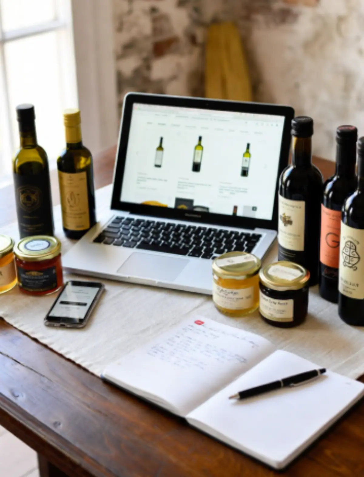 Laptop aperto su un tavolo di legno rustico, circondato da bottiglie di olio extravergine di oliva, bottiglie di vino, barattoli di miele e marmellata, uno smartphone e un quaderno aperto con penna. Immagine che rappresenta un setup per e-commerce o vendita online di prodotti alimentari artigianali italiani.