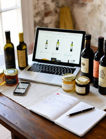 Laptop aperto su un tavolo di legno rustico, circondato da bottiglie di olio extravergine di oliva, bottiglie di vino, barattoli di miele e marmellata, uno smartphone e un quaderno aperto con penna. Immagine che rappresenta un setup per e-commerce o vendita online di prodotti alimentari artigianali italiani.