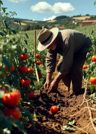un contadino italiano con cappello di paglia che raccoglie pomodori rossi maturi in un campo collinare soleggiato della campagna italiana. L'uomo, di mezza età, è chinato tra le piante verdi lussureggianti, con un cesto di vimini in mano pieno di pomodori freschi. Sfondo con dolci colline, ulivi antichi e un piccolo borgo in lontananza sotto un cielo azzurro limpido con poche nuvole.