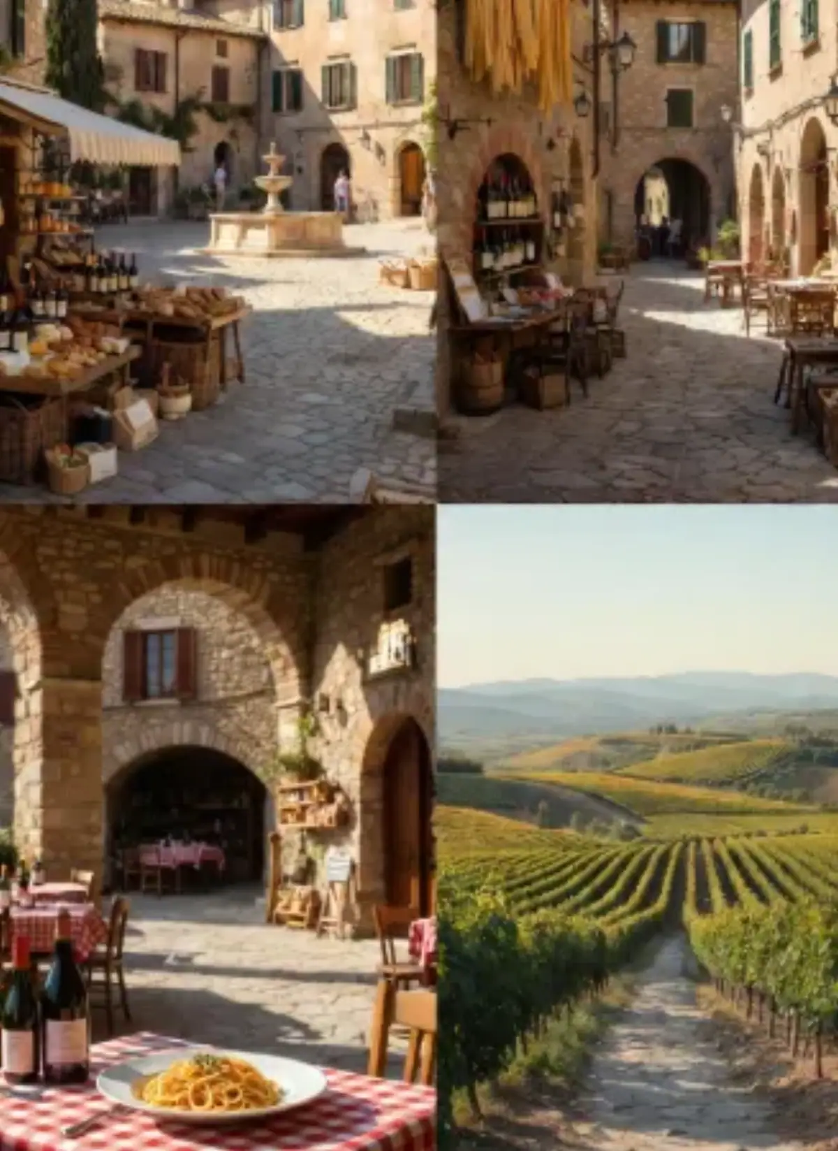 Quattro scene incorniciate: una piazza soleggiata con fontana e tavoli all’aperto pieni di cibo tradizionale; un vicolo stretto con panni stesi e pasta appesa ad asciugare; un arco di pietra che incornicia un tavolo con piatti di pasta e vino; vigneti dorati al tramonto con colline toscane o umbre sullo sfondo. Colori caldi, pietra antica, verde intenso dei campi e dettagli autentici di cibo e vita di borgo. Sensazione di viaggio enogastronomico reale, slow tourism tra borghi italiani belli e sapori genuini.