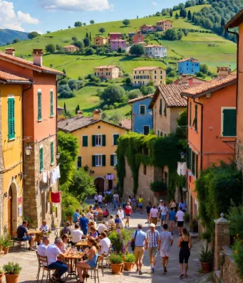Una stradina principale in discesa di un borgo medievale, ripresa da un punto leggermente sopraelevato. Le case ai lati sono colorate (arancione, giallo, rosa, ocra, con persiane verdi o blu scuro), alcune con edera o glicine che scende dalle pareti di pietra. Al centro della via ci sono tavolini di un bar/ristorante all’aperto con persone sedute che chiacchierano, bevono caffè o mangiano qualcosa di semplice (piatti con pane, formaggi, olive). Si vedono turisti e locali che passeggiano: famiglie con bambini, coppie, anziani seduti su panchine. Sullo sfondo la collina sale dolcemente con prati verdi intensi, alberi sparsi e altre casette sparse fino alla cima. Il cielo è azzurro luminoso con nuvole soffici, la luce è calda e dorata del pomeriggio inoltrato. L’immagine comunica energia vitale, convivialità, relax e quel senso di "benessere che si respira" vivendo in un borgo autentico.