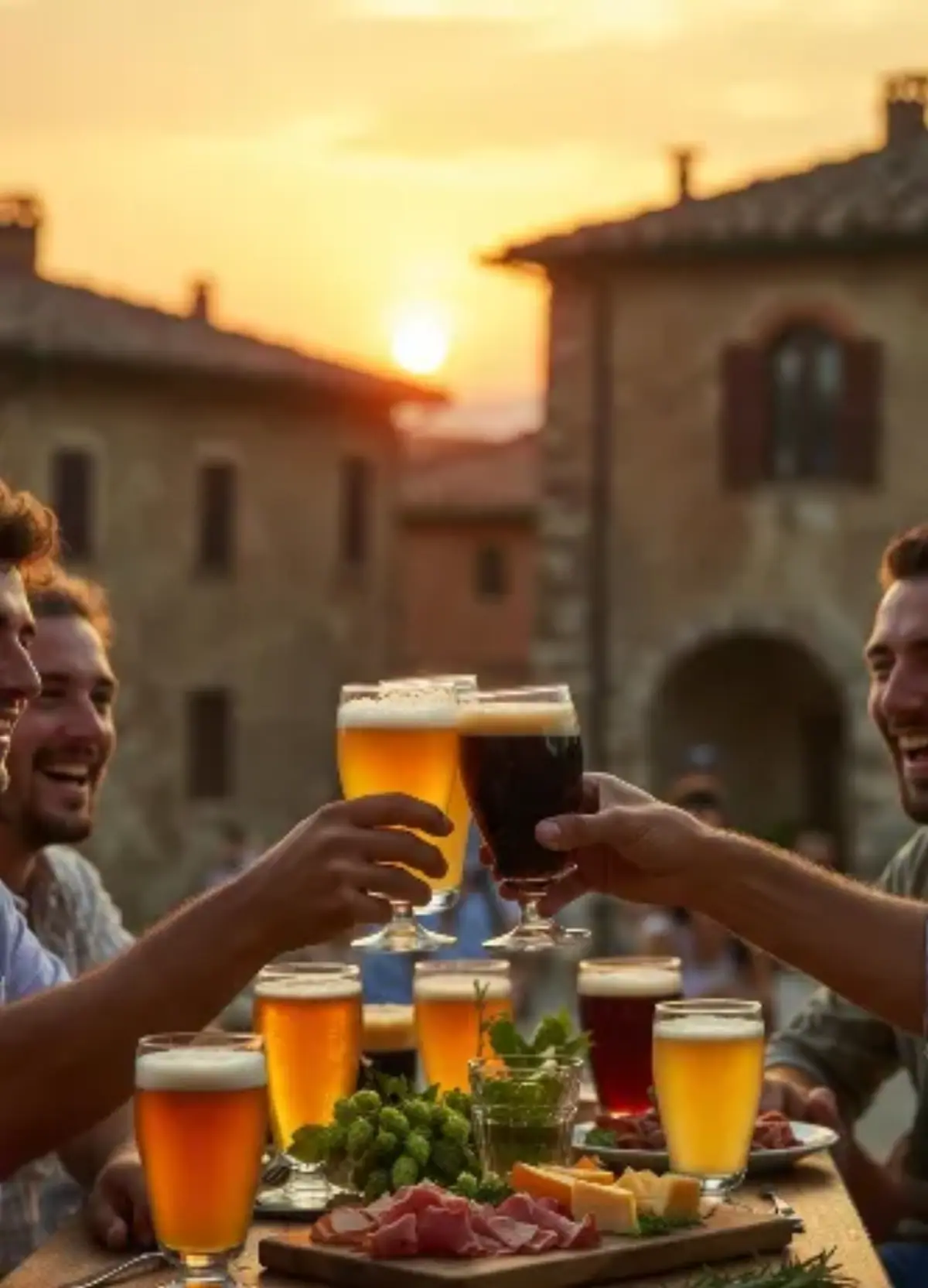 Ambientazione: piazza centrale di un borgo italiano antico al tramonto (case in pietra calda, tetti di tegole rosse, archi medievali, lanterne accese che iniziano a illuminarsi). Cielo arancione-rosa con sole che scende dietro le colline. In primo piano: gruppo di 3-4 persone seduti a un tavolo di legno grezzo che brindano alzando bicchieri di birra artigianale (IPA ambrata, stout nera con schiuma alta, weiss dorata, sour rosa). Sorrisi sinceri, bicchieri che si toccano al centro. Sul tavolo: taglieri con salumi, formaggi, pane, olive, rametti di rosmarino e coni di luppolo fresco come decorazione. Bicchieri diversi per stile (pint, tulip, weizen). Atmosfera: calore umano, convivialità, luce dorata che illumina volti e birre, senso di festa autentica e comunità in un borgo vivo