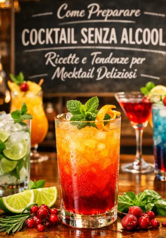 Angolo bar con cocktail e sul sfondo una scritta: Come Preparare Cocktail Senza Alcool: Ricette e Tendenze per Mocktail