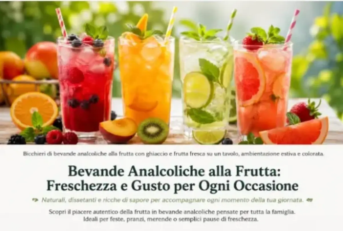 Quattro bicchieri di bevande analcoliche alla frutta colorate e rinfrescanti con ghiaccio e frutta fresca su un tavolo estivo.