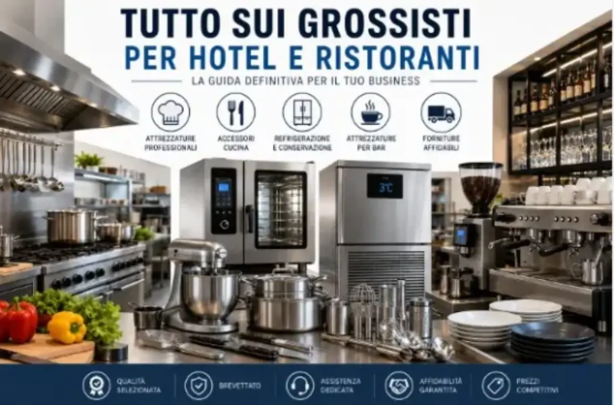 Attrezzature professionali per cucina, bar e ristorazione con forni, abbattitore, macchina caffè e utensili in ambiente moderno horeca