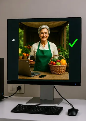 Un monitor da scrivania acceso mostra al centro una donna contadina anziana con capelli grigi, sorriso sereno, camicia chiara e grembiule verde. Tiene in una mano uno smartphone e nell’altra un cestino di vimini pieno di verdure e frutta fresche (pomodori rossi, mele, arance, foglie verdi). Sullo sfondo dell’immagine visibile sul monitor c’è un mercato agricolo all’aperto con cassette di prodotti. A sinistra della foto appare la scritta bianca “AI”, a destra un grande segno di spunta verde. L’insieme trasmette l’idea di un’agricoltrice che gestisce direttamente le vendite online grazie all’intelligenza artificiale.