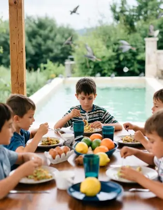 Bambini mangiano prodotti genuini in campagna