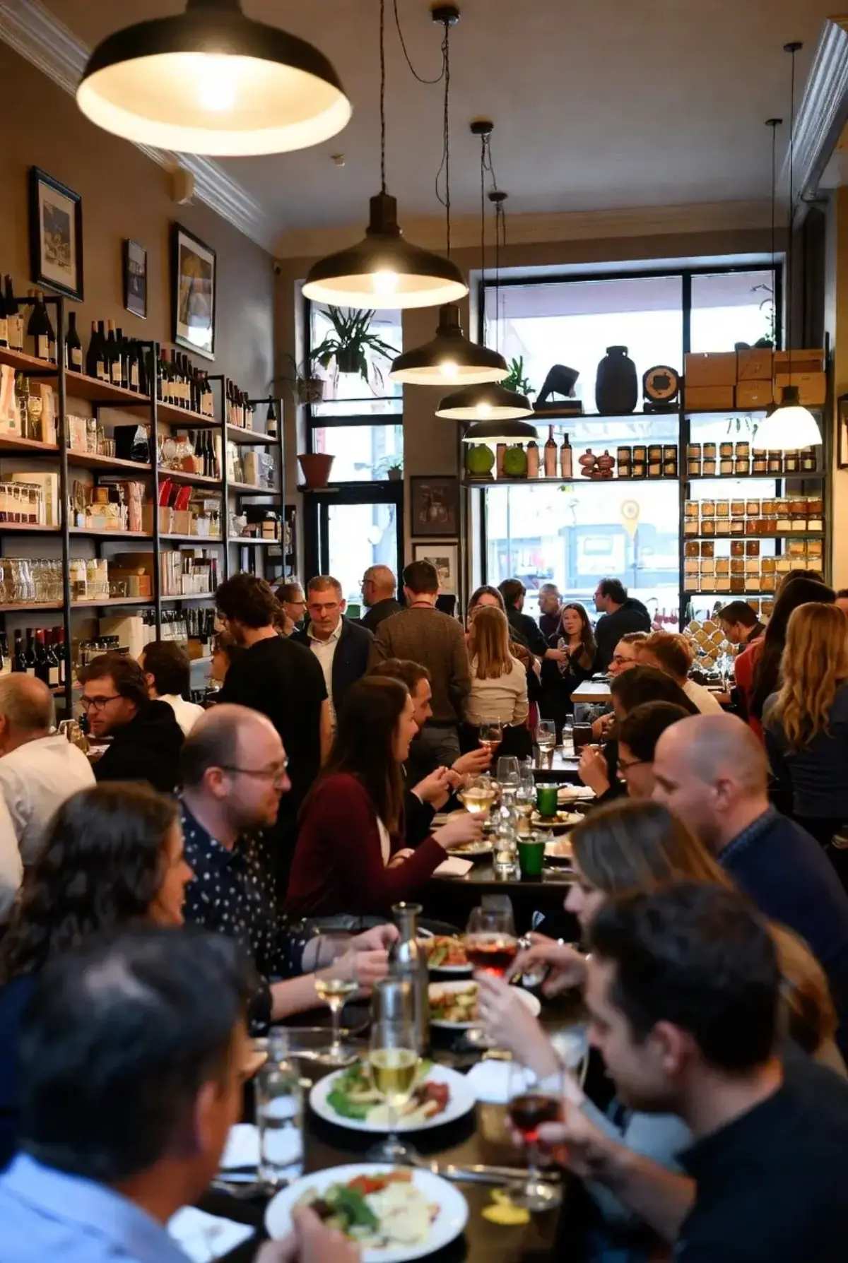 Persone dentro un home restaurant con prodotti locali negli scaffali