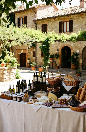 Esposizione esterna di prodotti locali, olio, formaggi,salumi