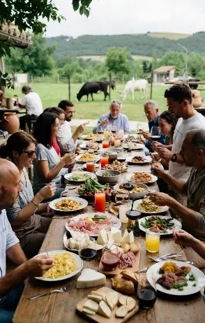 Perone pranzano all'aperto vicino gli animali
