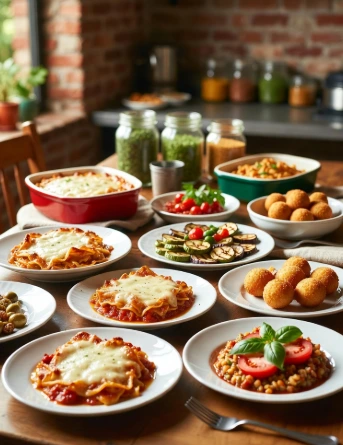 Un elegante tavolo apparecchiato con piatti di gastronomia italiana precotta: lasagne fumanti al forno, arancini dorati, verdure grigliate in olio extravergine, caponata siciliana e un'insalata caprese fresca.