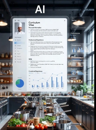 Una vista frontale di una cucina professionale con overlay digitale semitrasparente che rappresenta un'analisi AI. Al centro, un'interfaccia holografica mostra un "Curriculum Vitae" con sezioni come "Professional Experience", "Skills" e grafici (torte e barre) che valutano competenze come "Creativity" e "Culinary Expertise".