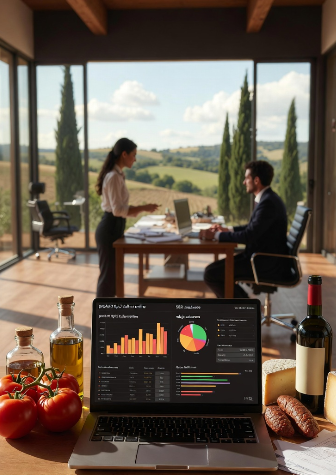 Tavolo in legno massiccio c’è un laptop aperto con schermo ben visibile: dashboard SEO professionale che mostra grafici a barre e torte con keyword come "prodotti tipici italiani online", "nduja calabrese", "olio extravergine DOP", curve di crescita traffico organico, posizioni Google e metriche di conversione. Sul tavolo, disposti in modo estetico e appetitoso: pomodori San Marzano freschi con foglie verdi, bottiglia di olio extravergine con gocce visibili, un vasetto di 'nduja rossa, due forme di pecorino stagionato, un bicchiere di vino rosso e una ciotola di olive.