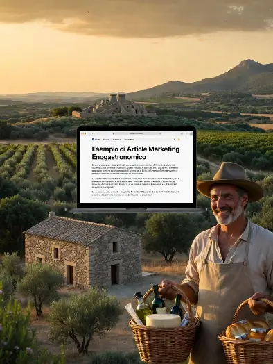 Agriturismo sardo bio immerso nel Supramonte con nuraghe sullo sfondo, produttore che mostra prodotti tipici e laptop con articolo di article marketing enogastronomico