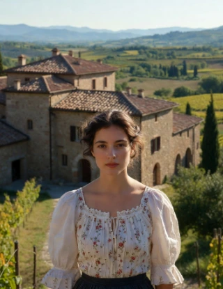 Donna in abito tradizionale in zona rurale