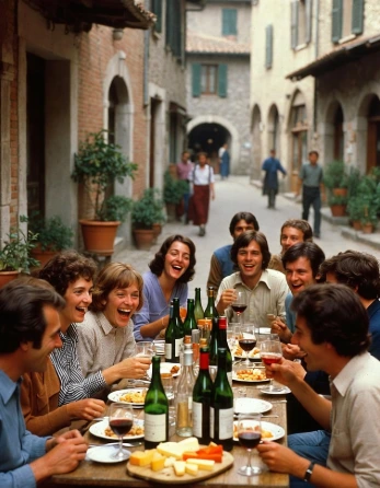 Un vicolo acciottolato di un antico borgo italiano, con case di pietra rustica, porte in legno e finestre con persiane verdi. Al centro della strada, un grande tavolo di legno grezzo anni '60 è imbandito con taglieri di formaggi stagionati, salumi affettati, pane rustico e olive. Intorno al tavolo, circa 10-12 persone (uomini e donne tra i 30 e i 60 anni) vestite in stile anni '70: camicie a fiori, pantaloni a zampa, maglie semplici, capelli mossi. Tutti ridono di gusto, brindano con bicchieri di vino rosso riempiti da bottiglie verdi classiche, atmosfera festosa e conviviale sotto una luce calda del tramonto. Sullo sfondo, vasi di terracotta con piante e qualche passante lontano.
