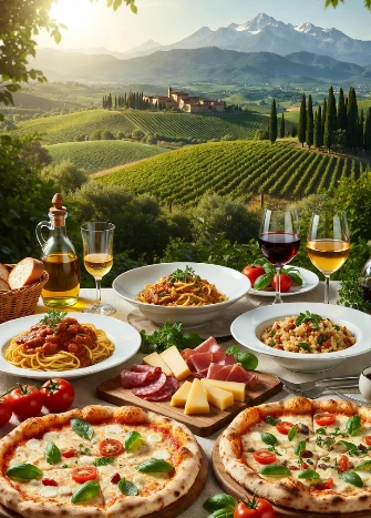 L'immagine raffigura un tavolo all'aperto riccamente apparecchiato con piatti tipici italiani, come spaghetti al pomodoro, pasta con gamberi, taglieri di salumi e formaggi, olive, pane fresco, pizze margherita e risotto, accompagnati da bottiglie di olio extravergine, vini rossi e bianchi in calici eleganti. In primo piano, i colori vivaci dei cibi evocano sapori autentici e freschi. Sullo sfondo, un paesaggio mozzafiato di colline