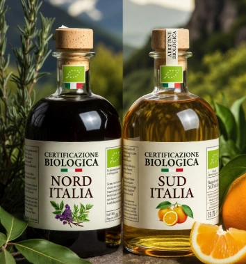 Due bottiglie di vetro eleganti e trasparenti, posate su un vecchio tavolo di legno massiccio con venature naturali. La bottiglia di sinistra contiene un liquore scuro e intenso, color ambra profonda, quasi mogano, che cattura la luce in riflessi caldi e misteriosi. È il classico digestivo del Nord Italia, infuso con erbe alpine, genziana, achillea e pino mugo. Il tappo di sughero grezzo è leggermente inclinato, e l'etichetta minimalista mostra il classico logo fogliolina verde UE della certificazione biologica, insieme a una piccola illustrazione stilizzata di montagne innevate e rametti di erbe selvatiche.Accanto, la seconda bottiglia brilla di un giallo oro luminoso e solare, vibrante come il sole del Mediterraneo. È un liquore agli agrumi del Sud Italia, probabilmente un limoncello o un infuso di arance, bergamotto e mandarino tardivo.