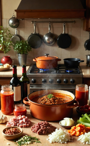 Spezie su un tavolo e pentola con ragù