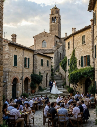 coppia (sposa in abito bianco nuziale e sposo) è posizionata a metà della gradinata che scende verso la piazza, vista da lontano. Nella piazza sottostante si vedono chiaramente gli ospiti seduti ai tavoli che mangiano e chiacchierano. Sullo sfondo: case in pietra, balconi con piante, una chiesa con torre campanaria e un paesaggio collinare italiano. Luce naturale calda e atmosfera festosa ma elegante.