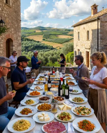 Gruppo di una decina di persone (turisti di varie età) sedute e in piedi intorno a un lungo tavolo all'aperto carico di piatti tipici italiani: pasta, salumi, formaggi, insalate, pane e bottiglie di vino. L'atmosfera è conviviale e rilassata, sullo sfondo un borgo in pietra con case antiche e vista su colline verdi ondulate, tipico della Toscana o dell'Umbria.