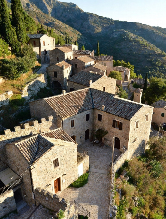 Vista aerea panoramica al tramonto di un tipico borgo calabrese arroccato su una collina. Case in pietra chiara con tetti in coppi rossi, vicoli stretti e scalinate che salgono verso l’alto. In primo piano un cortile con tavolino e sedie, archi e muretti in pietra a secco. Sullo sfondo montagne del Pollino con pini e vegetazione mediterranea, cielo arancione-rosa del tramonto, atmosfera calda e autentica di un borgo calabrese medievale.